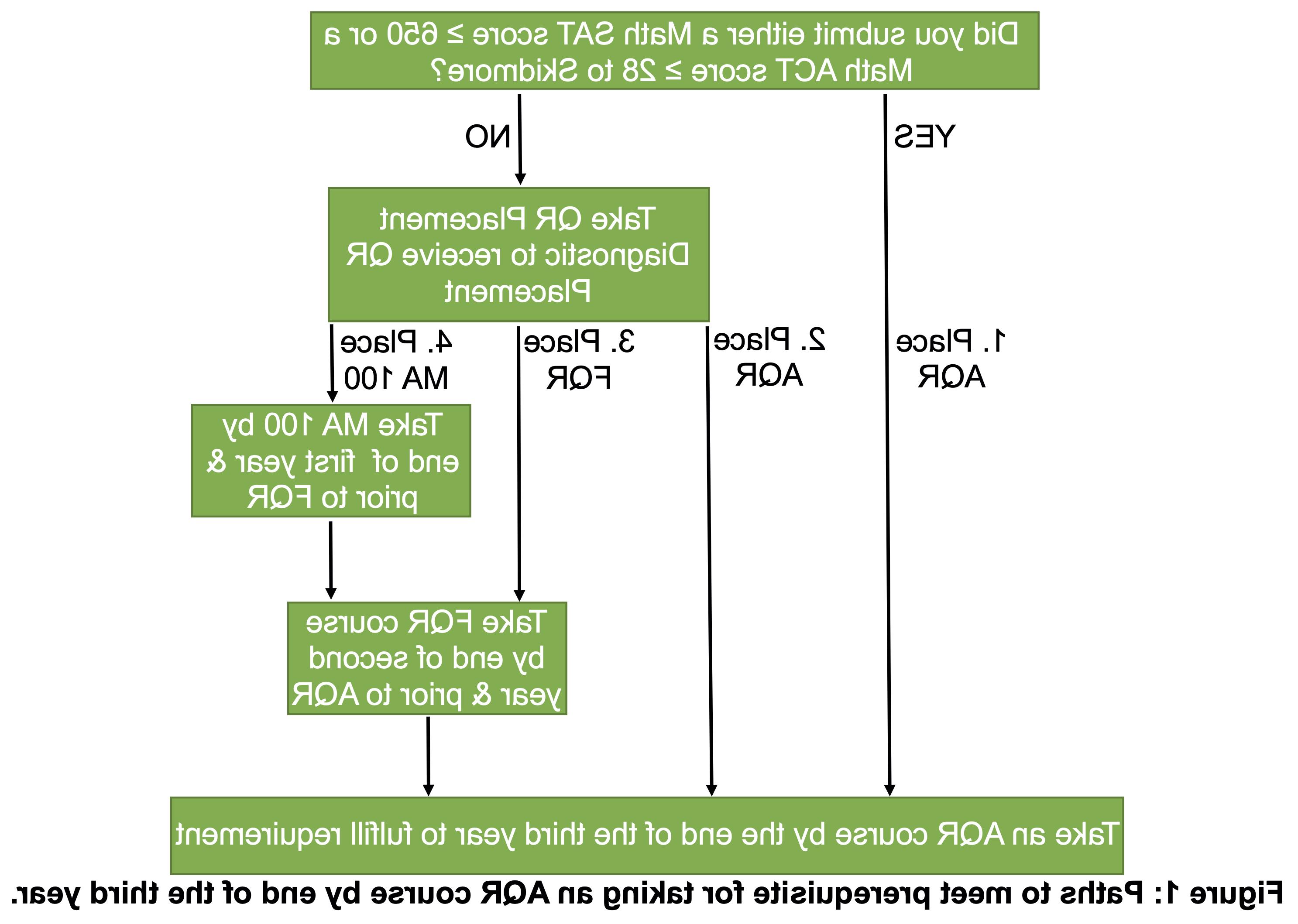 Four paths for QR placement. 1. Achieving a score of at least 650 on the SAT Mathematics (MSAT I) examination, a score of at least 570 on any Mathematics SAT II subject examination (MSAT II), or a score of at least 28 on the Mathematics ACT examination to place directly into an AQR course. ACT or SAT scores must be officially submitted to the College. Please note, listing your scores on your Common Application without having them officially sent to Skidmore does not count. If you have the relevant standardized test score, but did not offically submit your scores to Skidmore, please go to your College Board or ACT account, take a screenshot of the summary page (or print page to PDF) that shows your full name, date of birth, and all of your scores including test dates, and then email that screenshot (or PDF) to registrar@toymonstertruck.com.  Taking the online QR Placement Diagnostic and placing directly into an AQR course. Incoming students who do not submit ACT or SAT scores or whose scores do not place them into an AQR course must take the online QR Placement Diagnostic. Taking the online QR Placement Diagnostic and placing into a Foundational QR course (FQR course). Students who place into an FQR course must successfully complete it by the end of their second year. These courses, which are offered by a variety of departments, emphasize the application of mathematical calculations and concepts to daily life. Taking the online QR Placement Diagnostic and placing into MA 100 (Quantitative Reasoning). This course, which emphasizes basic quantitative reasoning skills in mathematics and statistics, is required for all students who do not place into an FQR or AQR course and must be successfully completed by the end of their first year. Students must then take and successfully complete an FQR course (as described above) by the end of their second year.